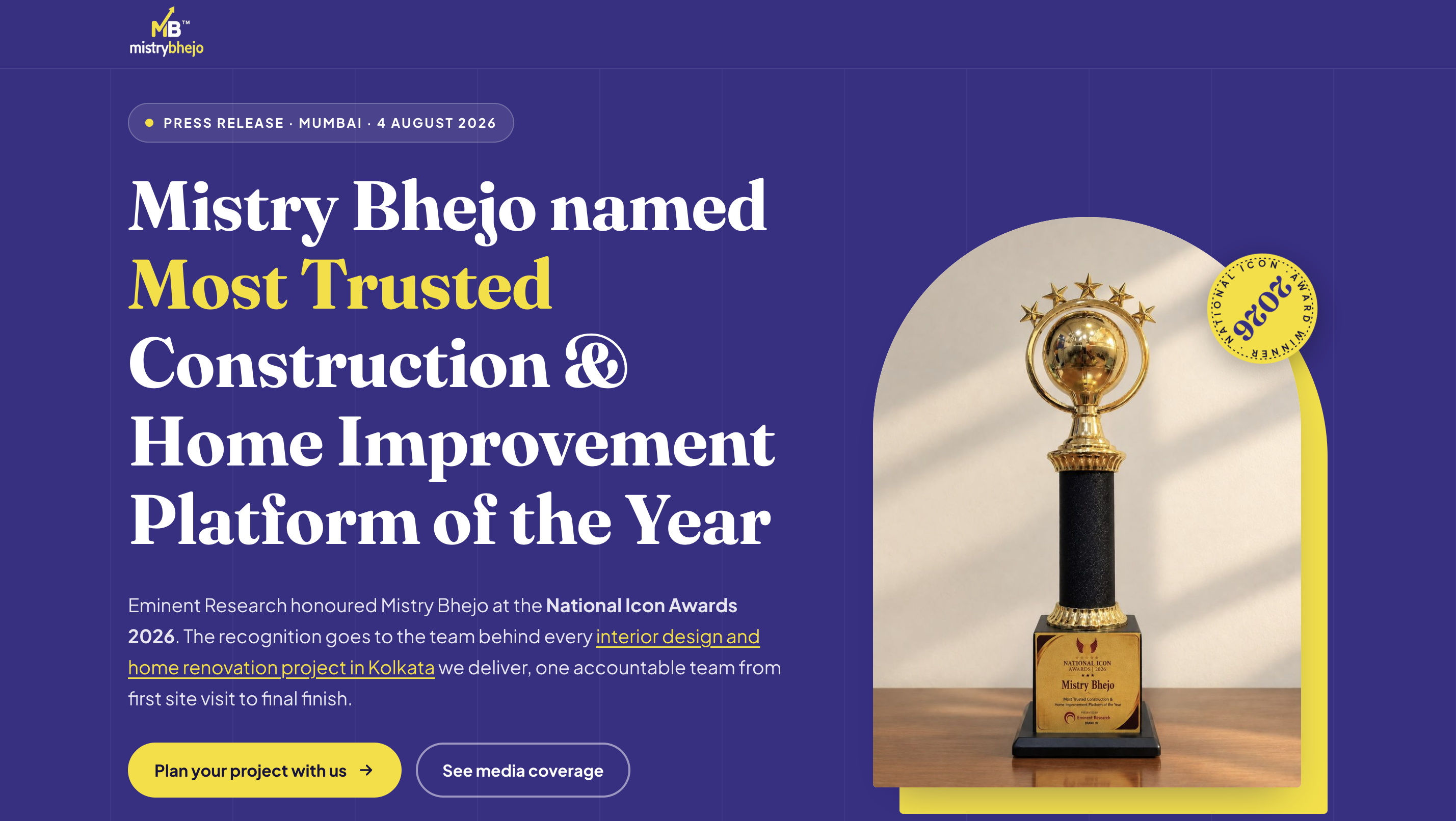 Mistry Bhejo named Most Trusted Construction